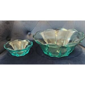 Aqua Teal Pressed Glass Console Berry and Bowl Set Scalloped Edge Starburst Base